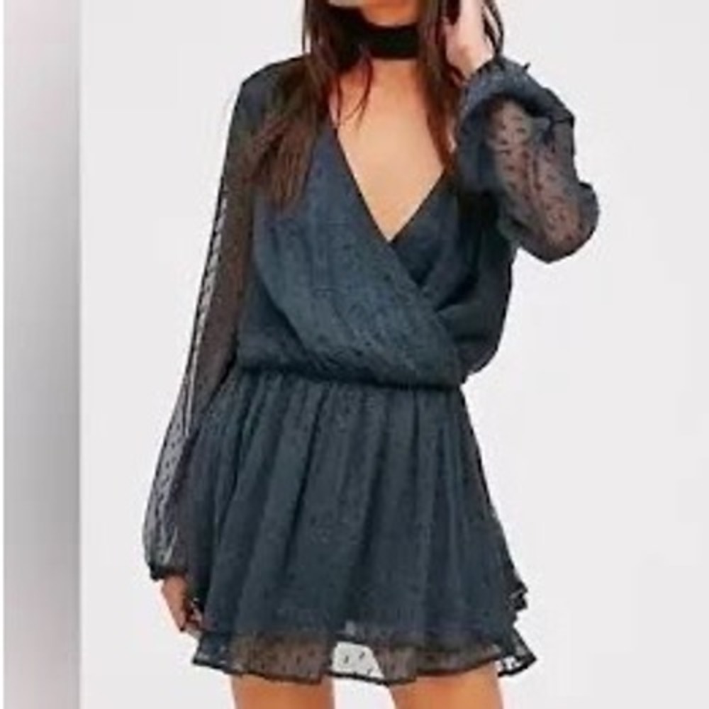 Free People Dahlia Swiss Dot Tiered Mini Dress Long Sleeve Dark Green/Blue XS